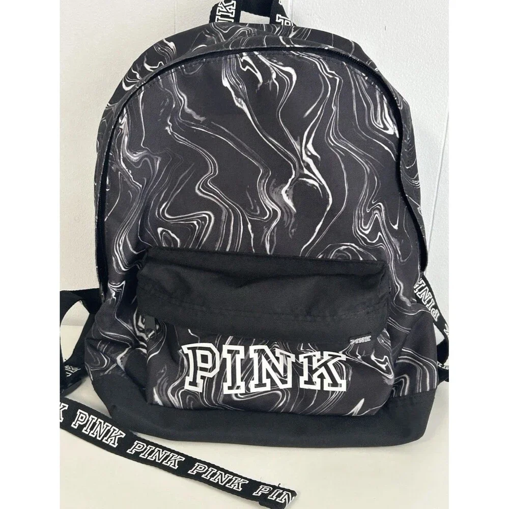 VS Pink Bookbag Backpack Victoria’s Secret Black Marbled Logo Medium EUC 2018